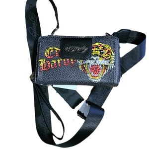 Ed Hardy Tiger Black/charcoal Crossbody Rhinestones Wallet Crossbody Wristlet
